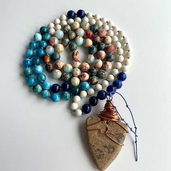 long earthy blue and white beaded, copper wire wrapped sea stone pendant necklace