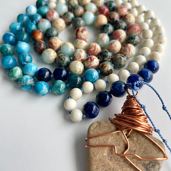 long earthy blue and white beaded, copper wire wrapped sea stone pendant necklace