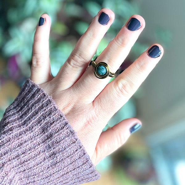 antique bronze moss agate swirl ring