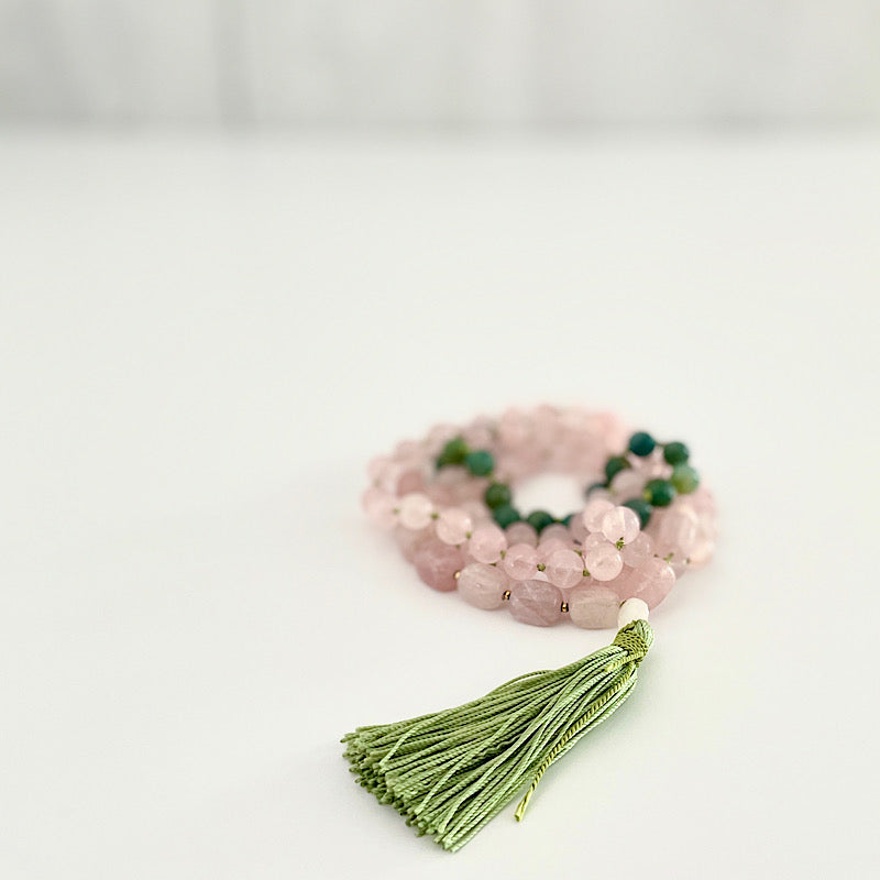 long pink, green and gold 111 bead mala